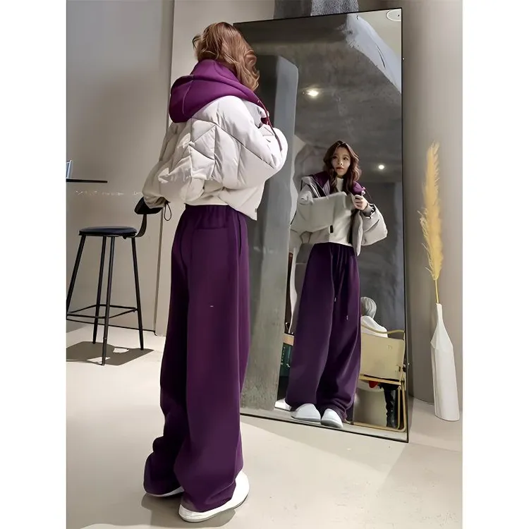 2025新款巨好看短款套装设计感紫色冬装棉服外套女款冬季棉袄裤子