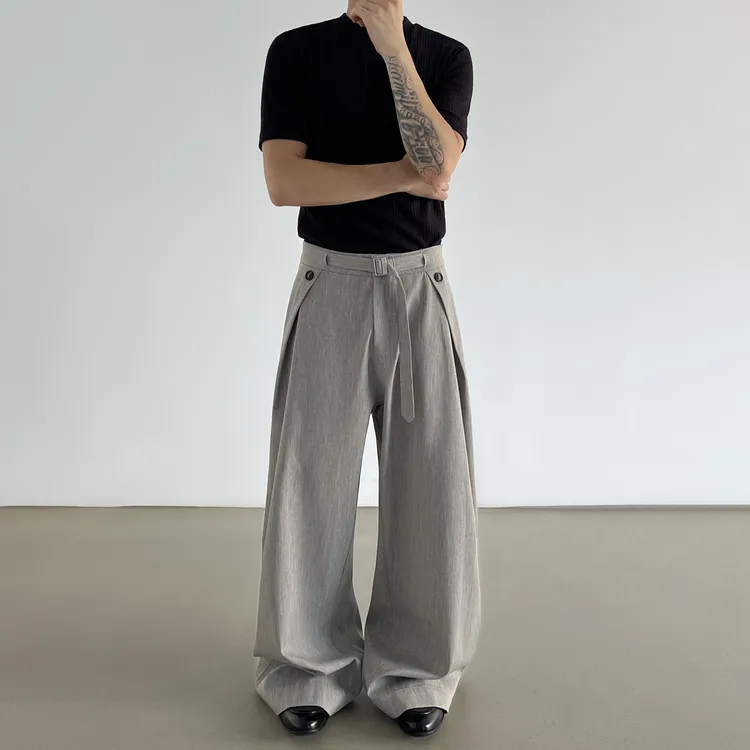 BLAEXIT复古老钱风A字裤打褶亚麻西裤男款cleanfit直筒休闲阔腿裤