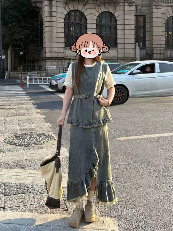 胖mm大码女装春夏拼接假两件牛仔衬衫上衣半身裙套装胖mm遮肚子