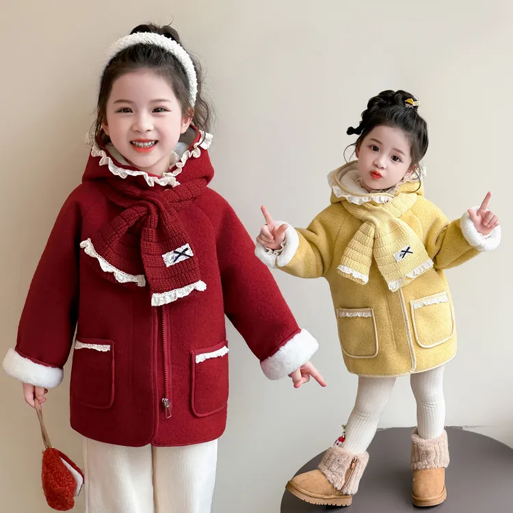 女童加绒加厚外套2025新款冬款宝宝过新年衣服红色兔子毛呢大衣潮