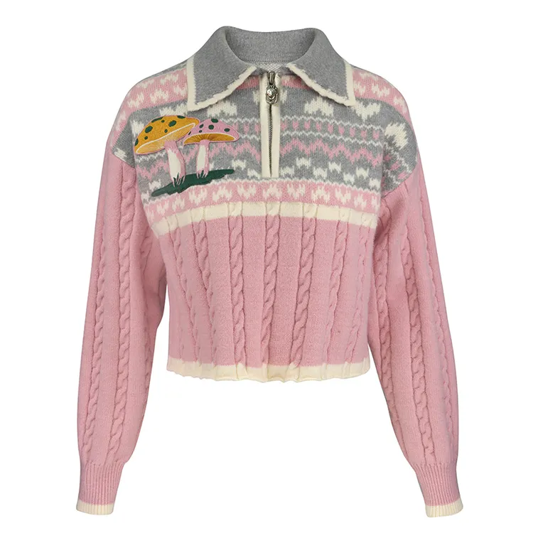 JUNGLE ME粉色POLO领休闲复古费尔岛毛衣拉链学院风套头针织毛衣
