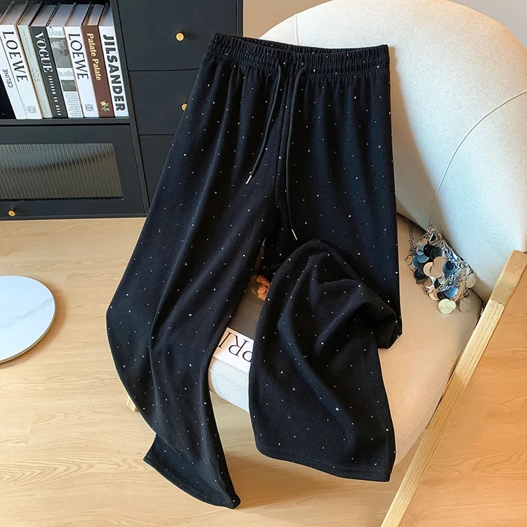 加绒加厚慵懒烫钻阔腿裤女2025秋冬高腰显瘦休闲裤针织糯米长裤子