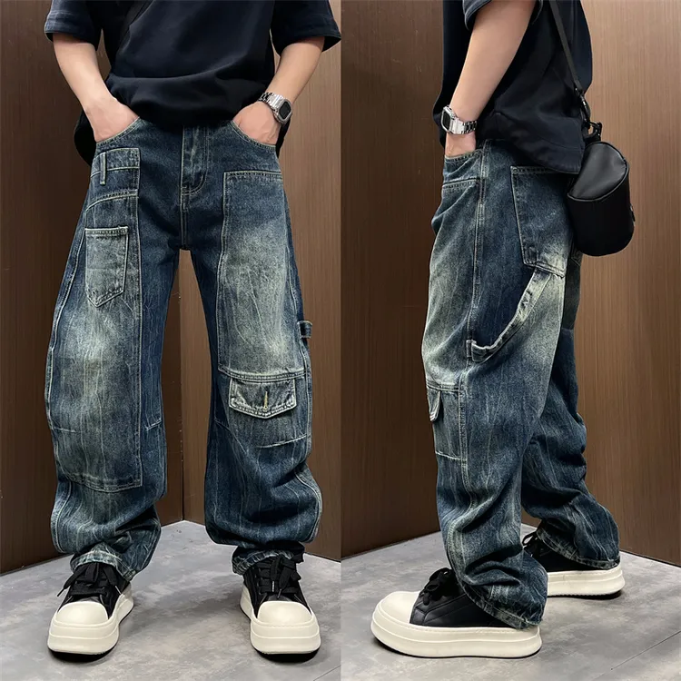 2025秋冬季复古水洗拼接弯刀牛仔裤休闲高街垂感直筒百搭阔腿长裤