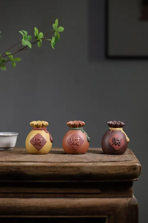 宜兴紫砂手工【聚财盖托】福袋香插茶宠钱袋精品摆件茶盘可养