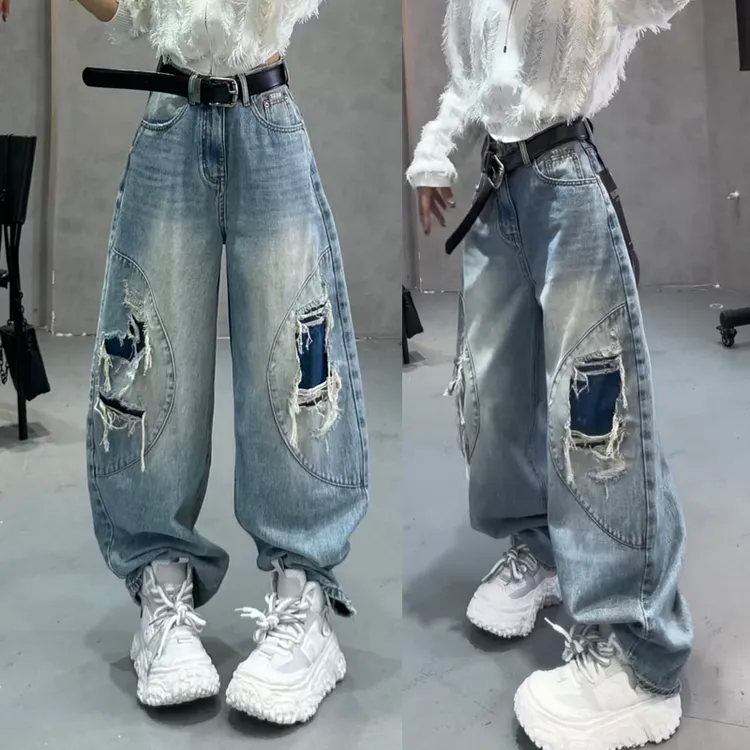 2025秋季新款假破洞牛仔裤女洋气宽松弯刀裤高腰百搭微胖mm拖地裤