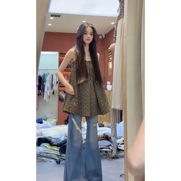 MARIE.COCO美式辣妹豹纹抹胸背心纯欲性感上衣时尚微喇牛仔裤套装