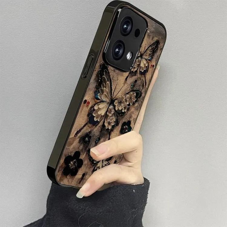黑色蝴蝶适用OPPOReno14手机壳reno13创意小羊皮reno12新款保护壳