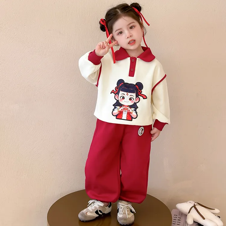哪吒儿童服装女宝秋装polo衫卫衣套装2025新款女童春秋小女孩衣服
