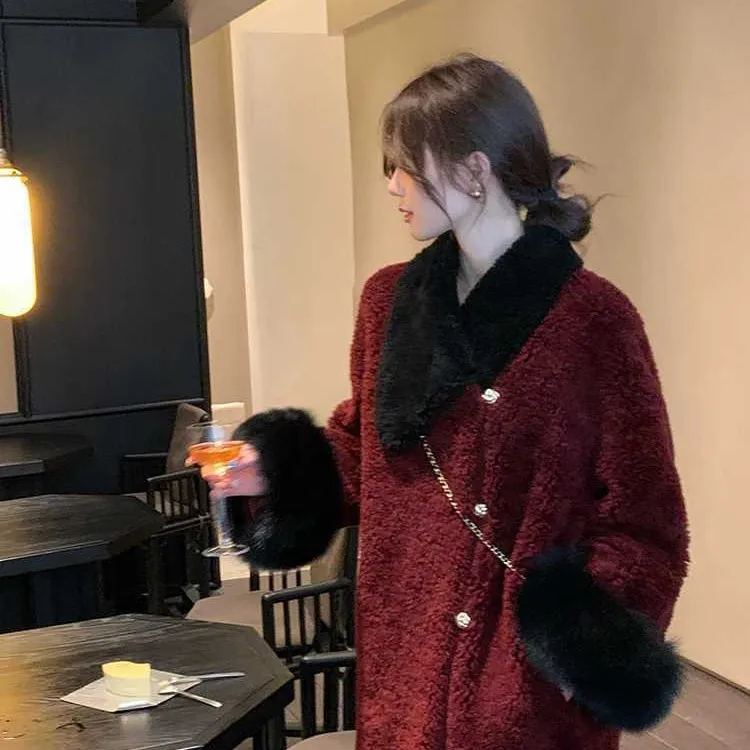 复古红色设计感拼接撞色气质时尚外套女冬季中长款大衣有吊牌有领