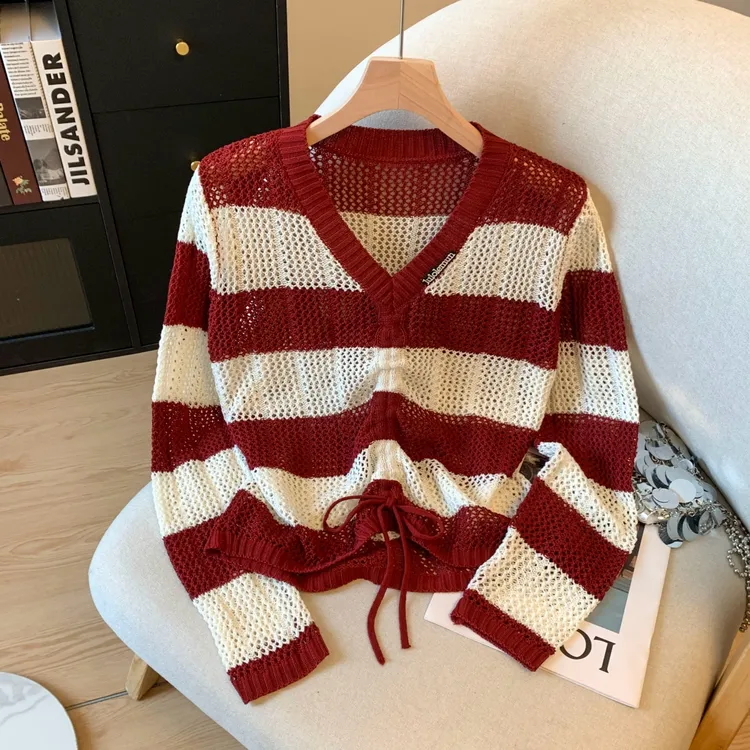 夏季2025新款薄款镂空抽绳V领空调防晒罩衫针织上衣显瘦条纹上衣