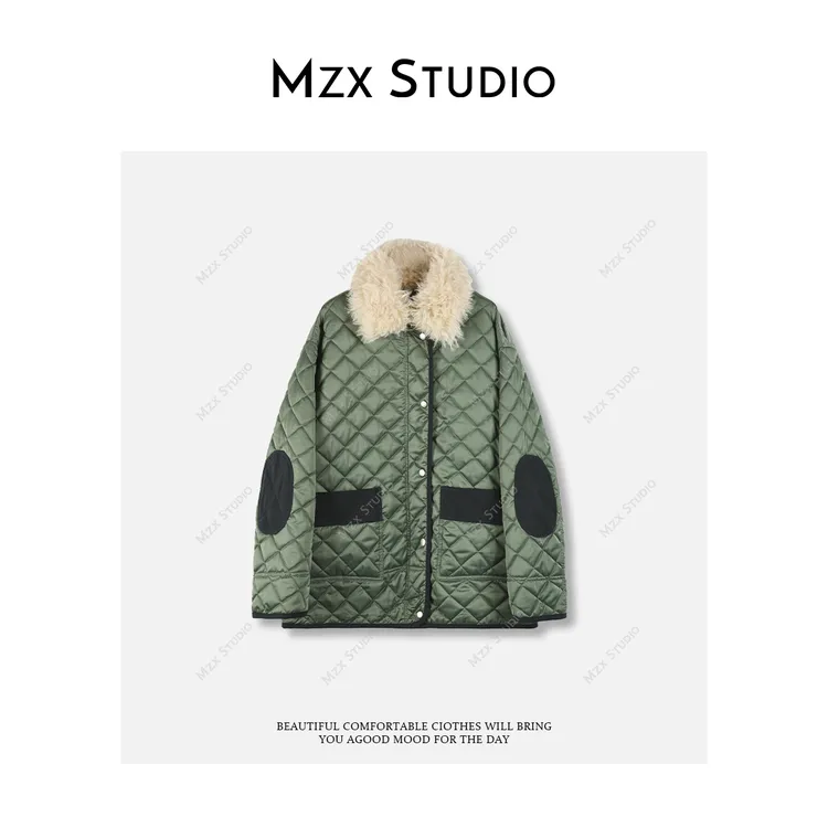 MZX 【绵羊毛】撞色菱形内绵羊毛保暖宽松毛领可拆卸棉服MF10908-C