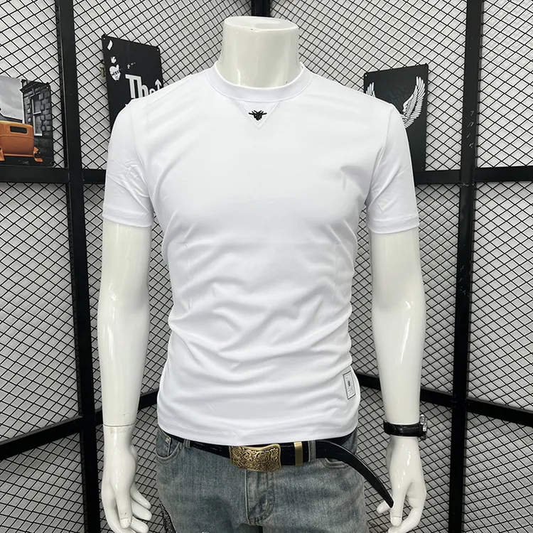刺绣上衣男士套头短袖T恤修身休闲简约圆领打底衫夏季短袖纯色