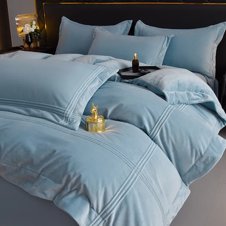 水星家纺高克重双面牛奶绒四件套保暖被套被罩纯色加绒加厚防静电