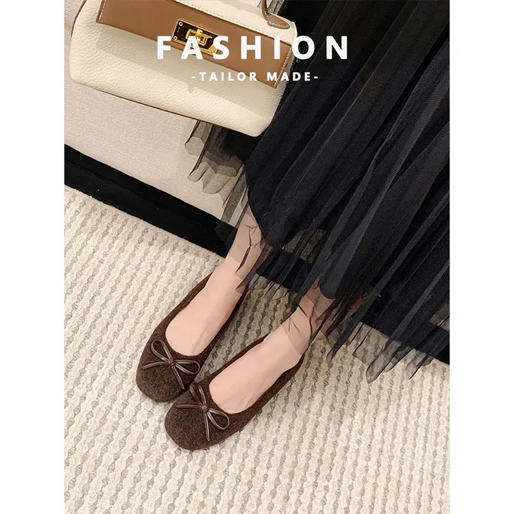 复古蝴蝶结一脚蹬芭蕾单鞋女法式平底晚晚鞋玛丽珍毛毛鞋