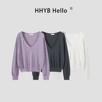 HHYB HelloV领宽松长袖针织衫女2025新款韩系慵懒氛围感上衣M1240