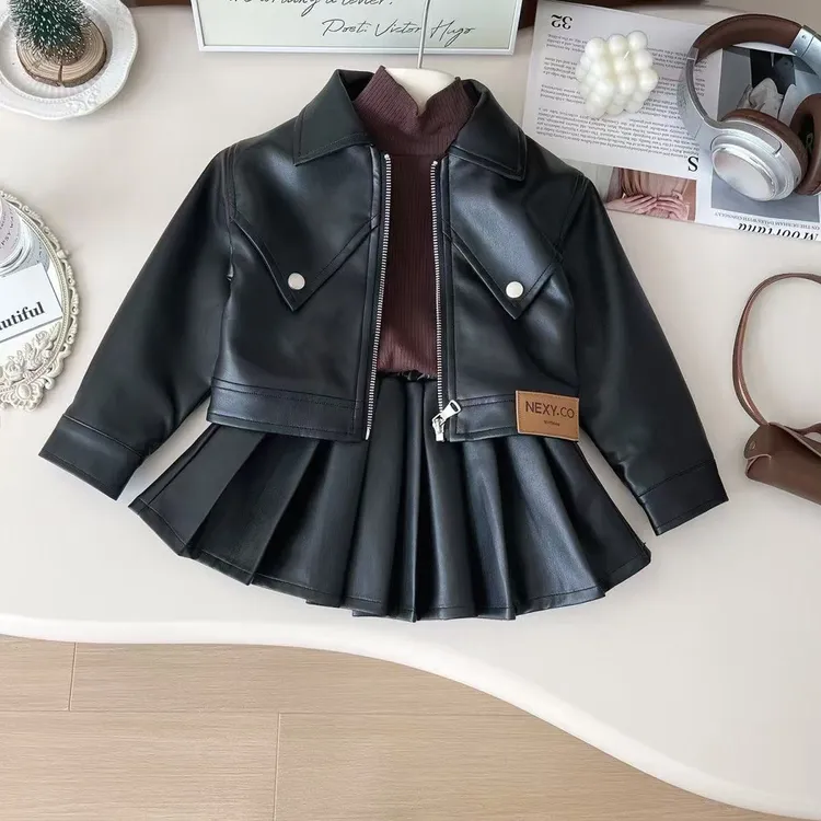 春秋女童皮衣套装女孩韩版时髦机车服儿童皮衣外套百褶裙两件套