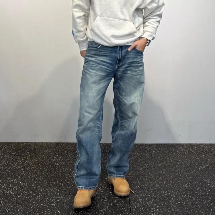 【卡秋山】黄石康龙蓝色宽松复古水洗直筒牛仔裤男美式休闲裤长裤