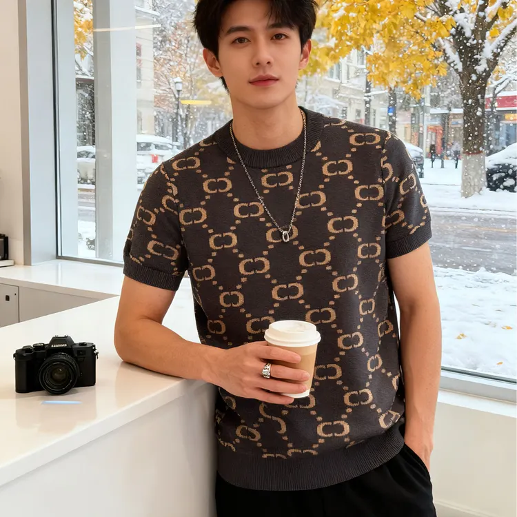 新款秋冬男士高端短袖毛衣百搭潮流韩版提花半袖毛衫轻奢修身打底