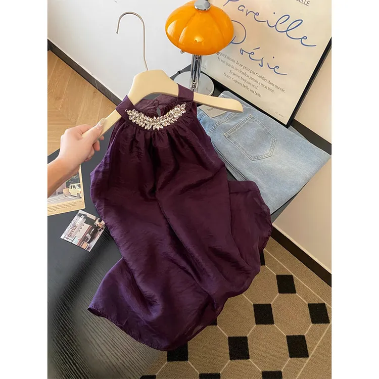 Qianjiaer网红同款夏季新款法式名媛水钻钉钻领纯色挂脖雪纺背心