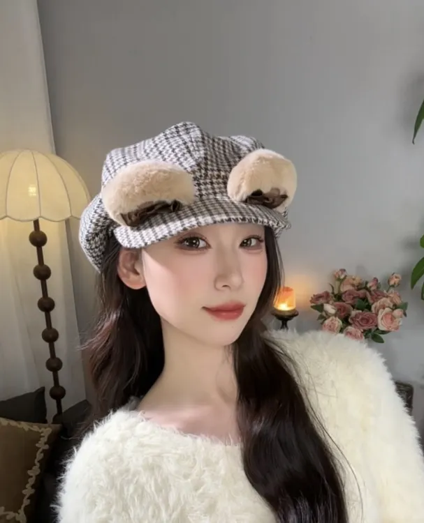 秋冬美拉德八角帽复古格纹可爱小熊显脸小英伦画家贝雷帽