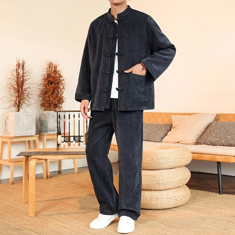 秋冬季新款中国风唐装雪尼尔绒套装新中式复古盘扣男士纯色两件套