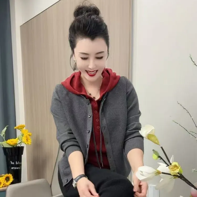 9905假两件连帽针织拼色毛针织衫常规袖针织衫百搭长袖网红时尚
