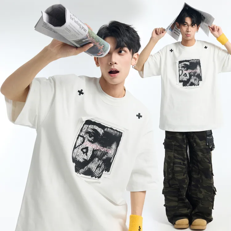 夏季320g重磅贴布刺绣印花短袖T恤潮牌五分袖上衣设计感体恤