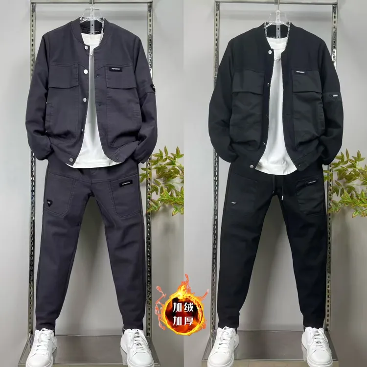秋冬新款男士休闲套装水洗棉布拼接工装夹克外套小脚裤俩件套