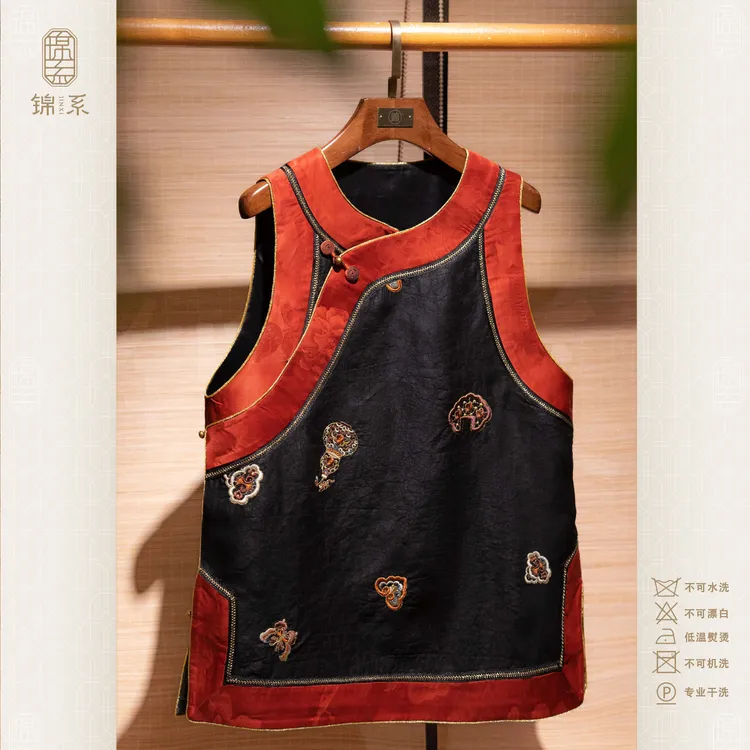 真丝龟纹香云纱国风桑蚕丝圆领斜襟太太服马甲中式上衣E-383663