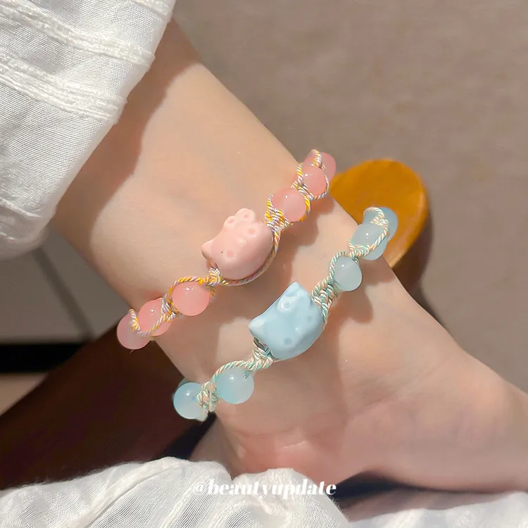 合金陶瓷手链 新中式卡通猫咪陶瓷串珠手链萌趣可爱五彩编织绳手