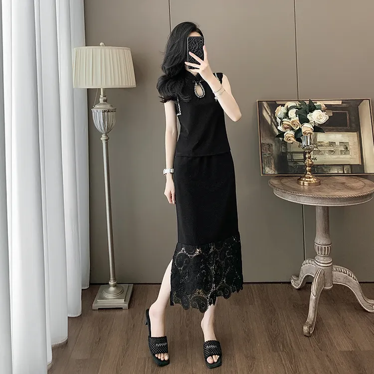 成熟御姐时尚套裙女2025夏季高级感精致黑色无袖上衣半身裙两件套