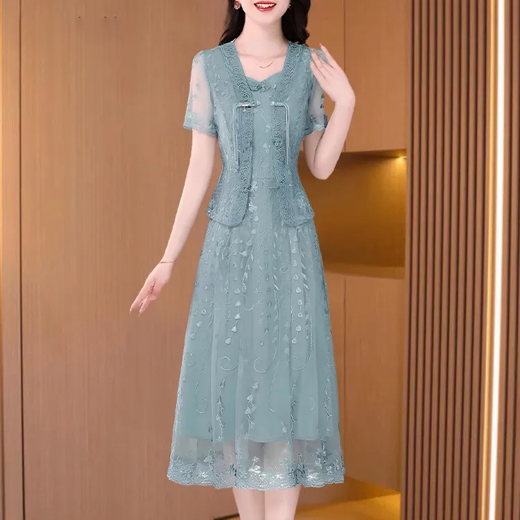 十三行爆款妈妈高端连衣裙子女2025夏贵夫人品牌国风旗袍两件套装