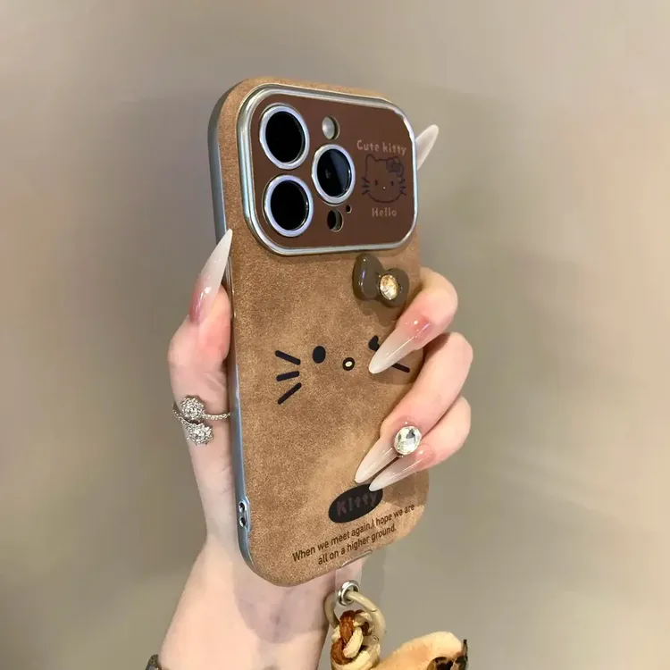 叮霖复古翻毛皮大视窗棕表情KT猫适用苹果17/16PR0手机壳iPhone15