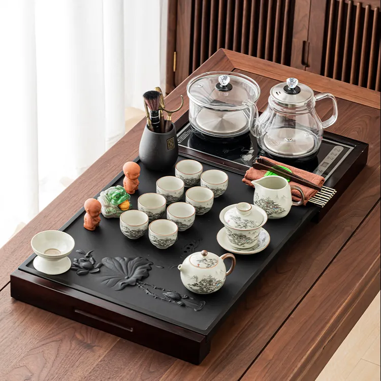 乌金石浮雕实木拼接茶盘四合一玻璃烧水壶茶台陶瓷功夫茶具套装