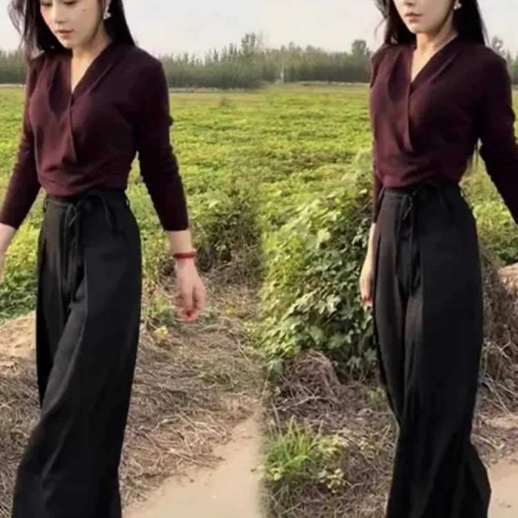 搭配一整套气质时尚显瘦长袖上衣休闲百搭垂感网红洋气出游服装女