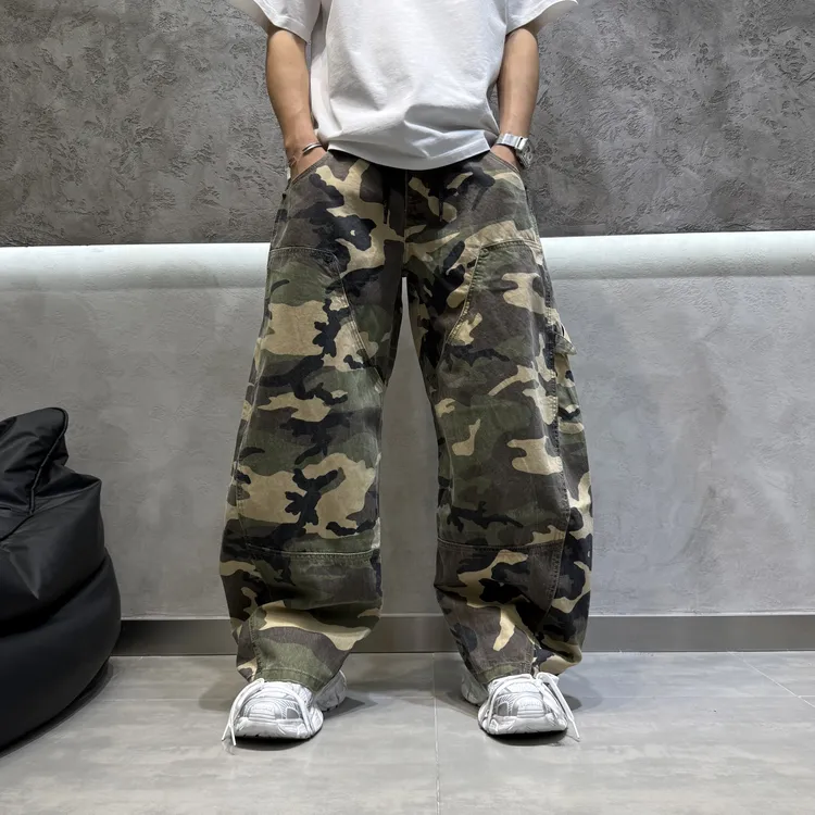 迷彩秋冬季直筒裤ins宽松工装裤牛仔裤拼接潮流百搭男士休闲长裤