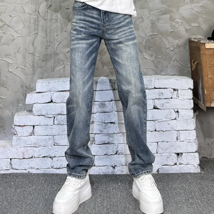 直筒宽松牛仔裤秋冬复古做旧男士国风新中式老钱风显瘦出游耐磨