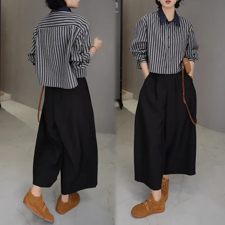 韩版休闲时尚套装女春秋季新款条纹撞色长袖衬衫西装直筒裤两件套