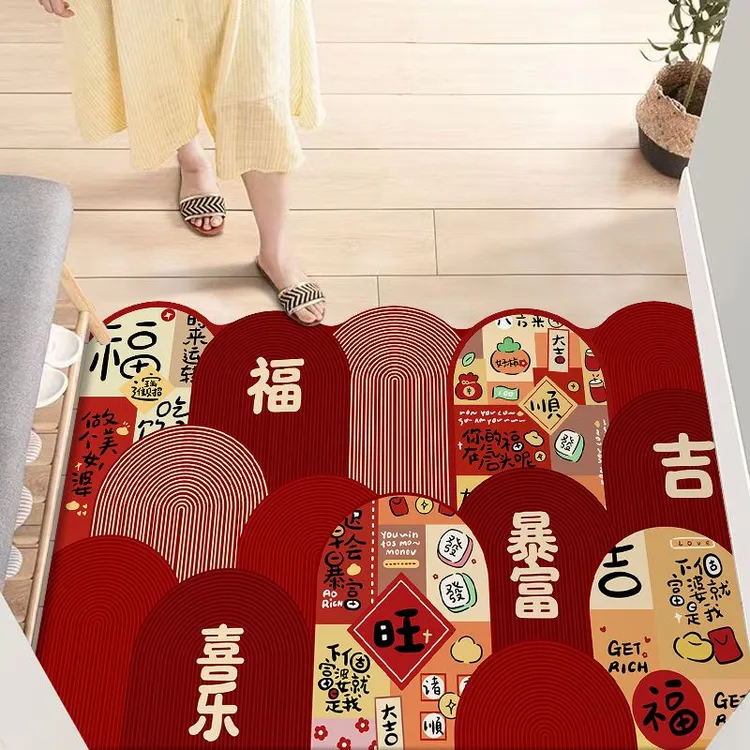 硅藻泥入户门地垫脚垫吸水防滑红色喜庆进门地毯玄关垫子可裁剪LW