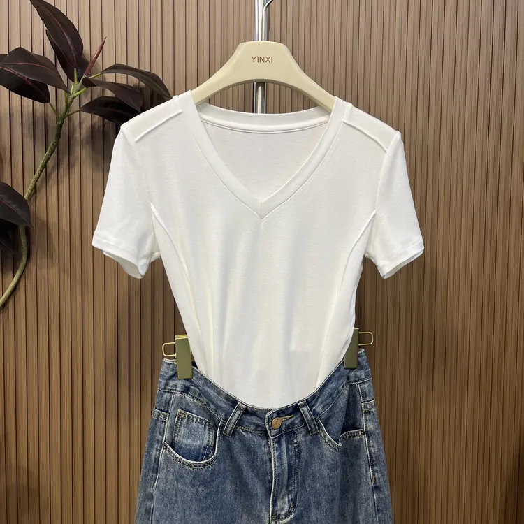 新款V领短袖T恤纯色气质休闲显瘦百搭打底不规则夏季设计感螺纹