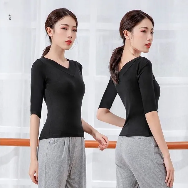 V领黑色舞蹈练功服上衣女拉丁古典舞跳舞形体训练服中袖服装衣服