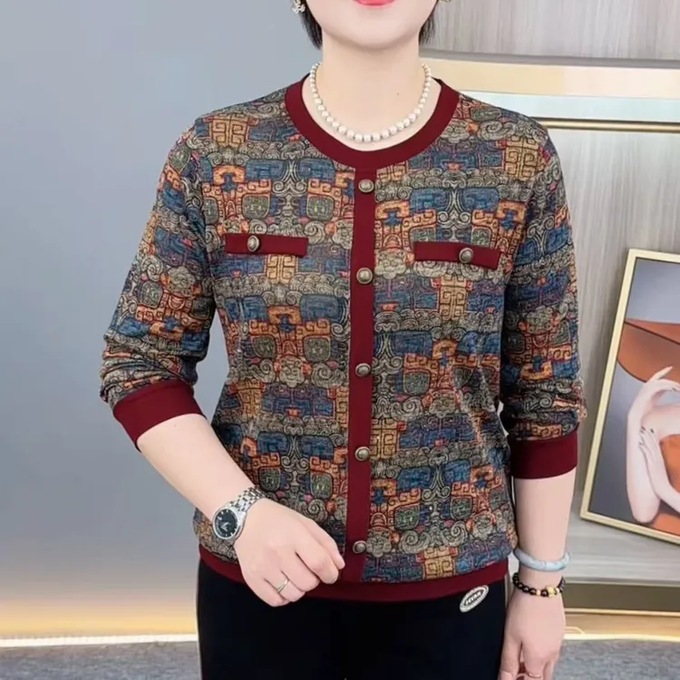 秋季新款时尚圆领潮流印花洋气妈妈装宽松显瘦减龄长袖上衣H1319