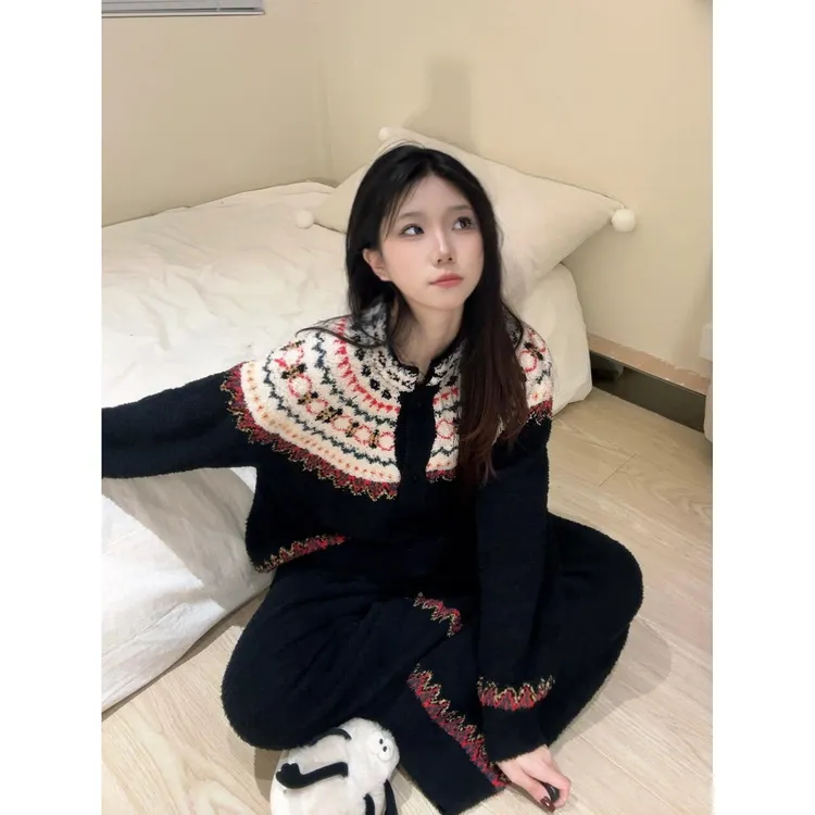 毛衣针织衫撞色半边绒睡衣女秋冬新款长袖长裤加厚保暖家居服套装