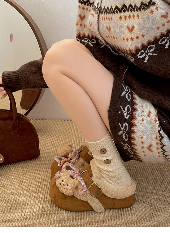 加绒加厚厚底半拖勃肯鞋女外穿2025新款冬季可爱防滑增高保暖棉拖