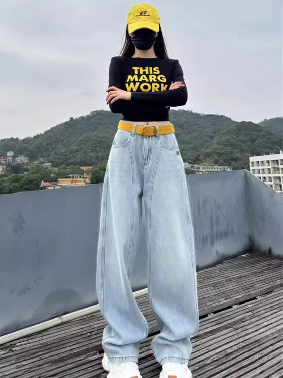 美式弯刀牛仔裤女大码2025秋冬加绒梨形身材高腰显瘦直筒阔腿裤潮