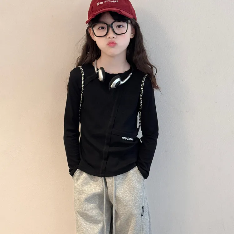 女童黑色打底T恤2025新款女孩秋季简约长袖上衣儿童洋气休闲衣服9