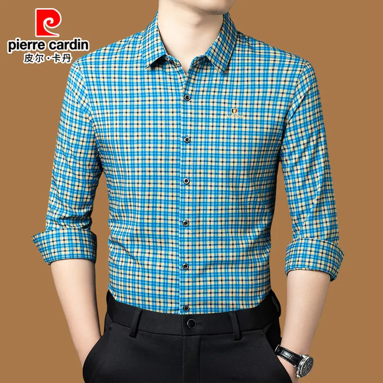 皮尔卡丹正品免烫长袖衬衫春秋新款时尚潮流休闲男士格子抗皱衬衣