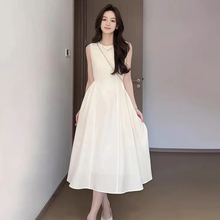 【现货+运补】白色无袖吊带背心连衣裙女收腰显瘦海边度假长裙5285