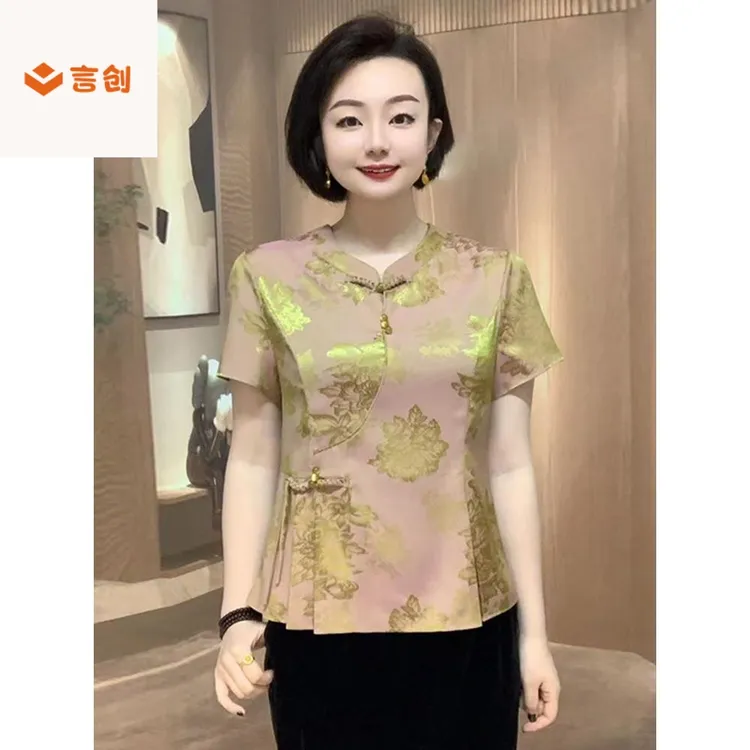 422短袖中年妈妈春夏套头新中式真丝衬衫新款中老年夏季气质上衣