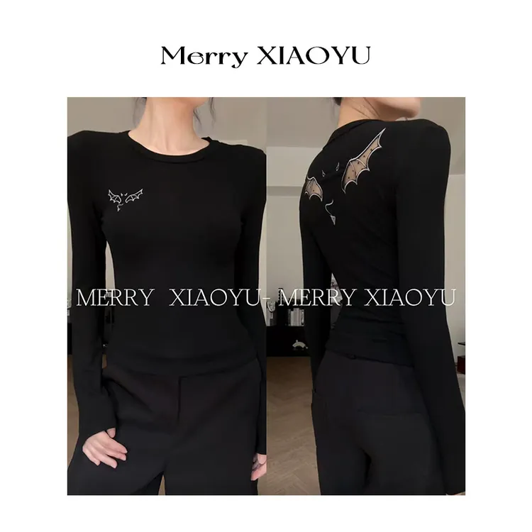 【小鱼】秋冬新款纯欲设计师镂空网纱长袖T恤小众百搭上衣